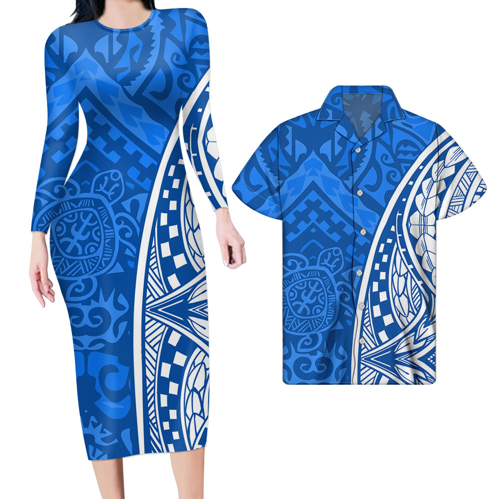 Polynesian Pride Hawaii Pattern Matching Outfit For Couples Blue Curve Long Sleeve Bodycon Dress And Hawaii Shirt - Polynesian Pride