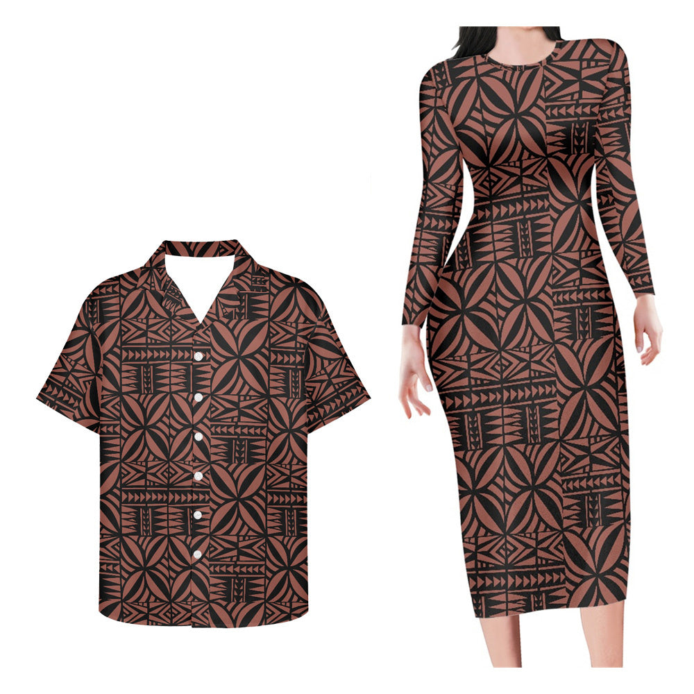 Polynesian Pride Matching Outfit For Couples Polynesian Tribal Pattern Brown Bodycon Dress And Hawaii Shirt - Polynesian Pride