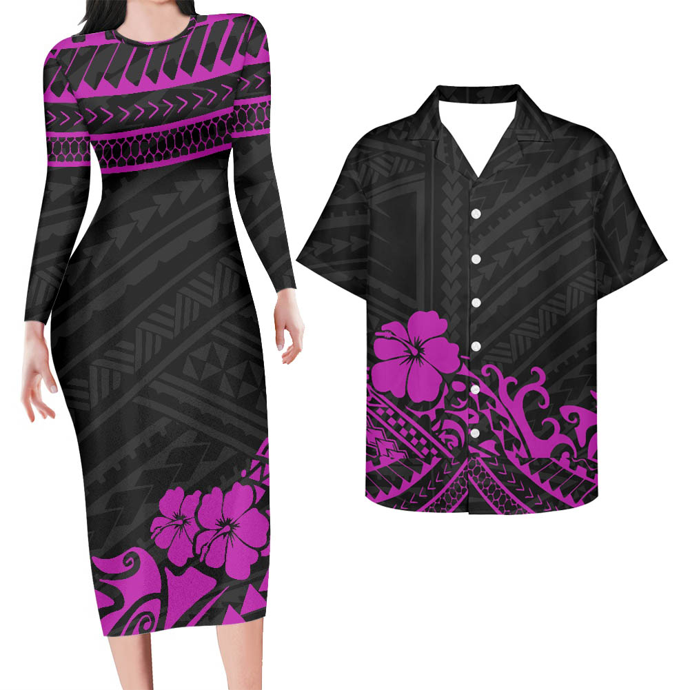 Polynesian Pride Matching Outfit For Couples Hawaii Flowers Pink Long Sleeve Bodycon Dress And Hawaii Shirt - Polynesian Pride