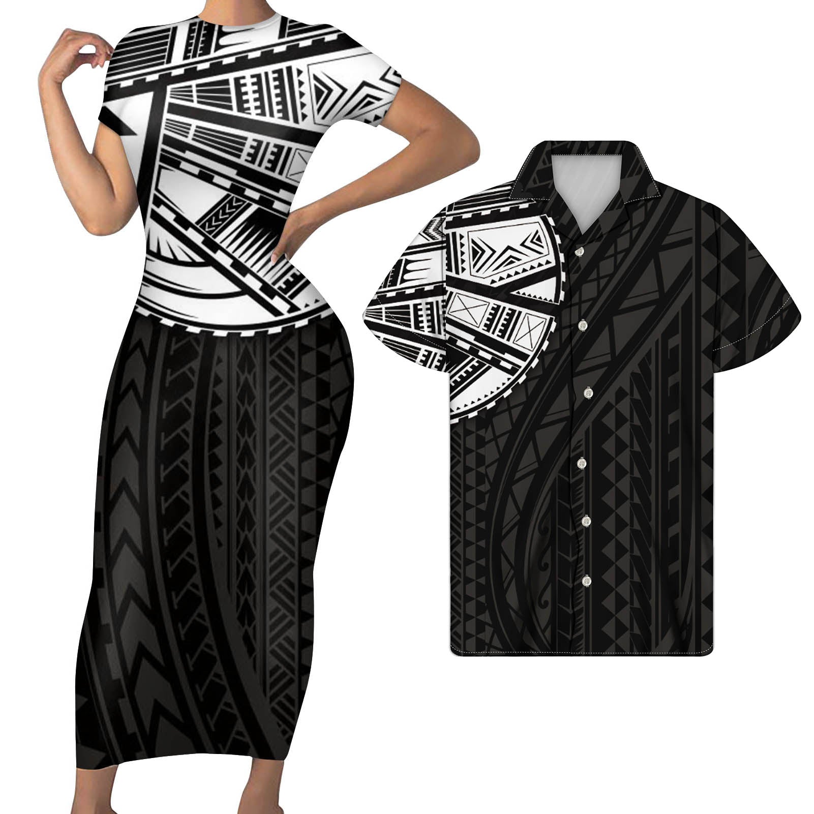 Polynesian Pride Black White Matching Clothes For Couples Polynesian Tribal Bodycon Dress And Hawaii Shirt - Polynesian Pride