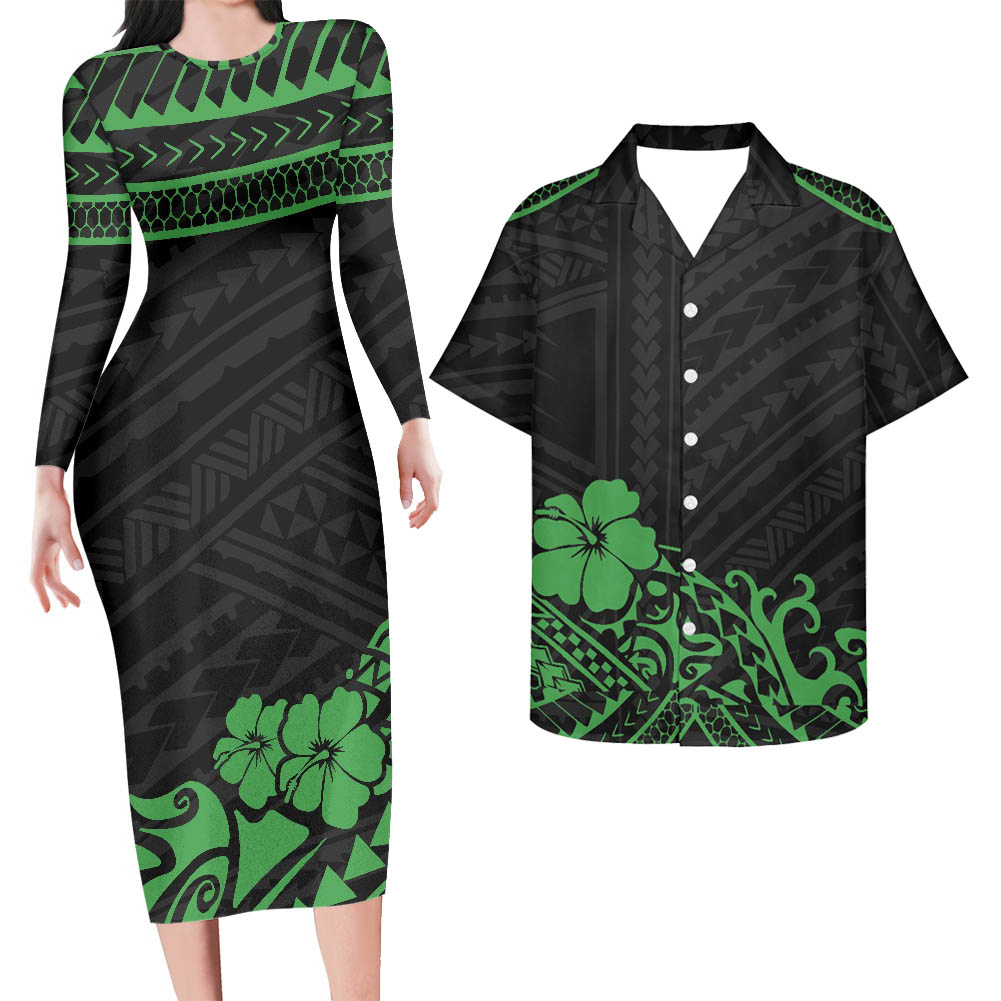 Polynesian Pride Matching Outfit For Couples Polynesian Hawaii Flowers Green Bodycon Dress And Black Hawaii Shirt - Polynesian Pride