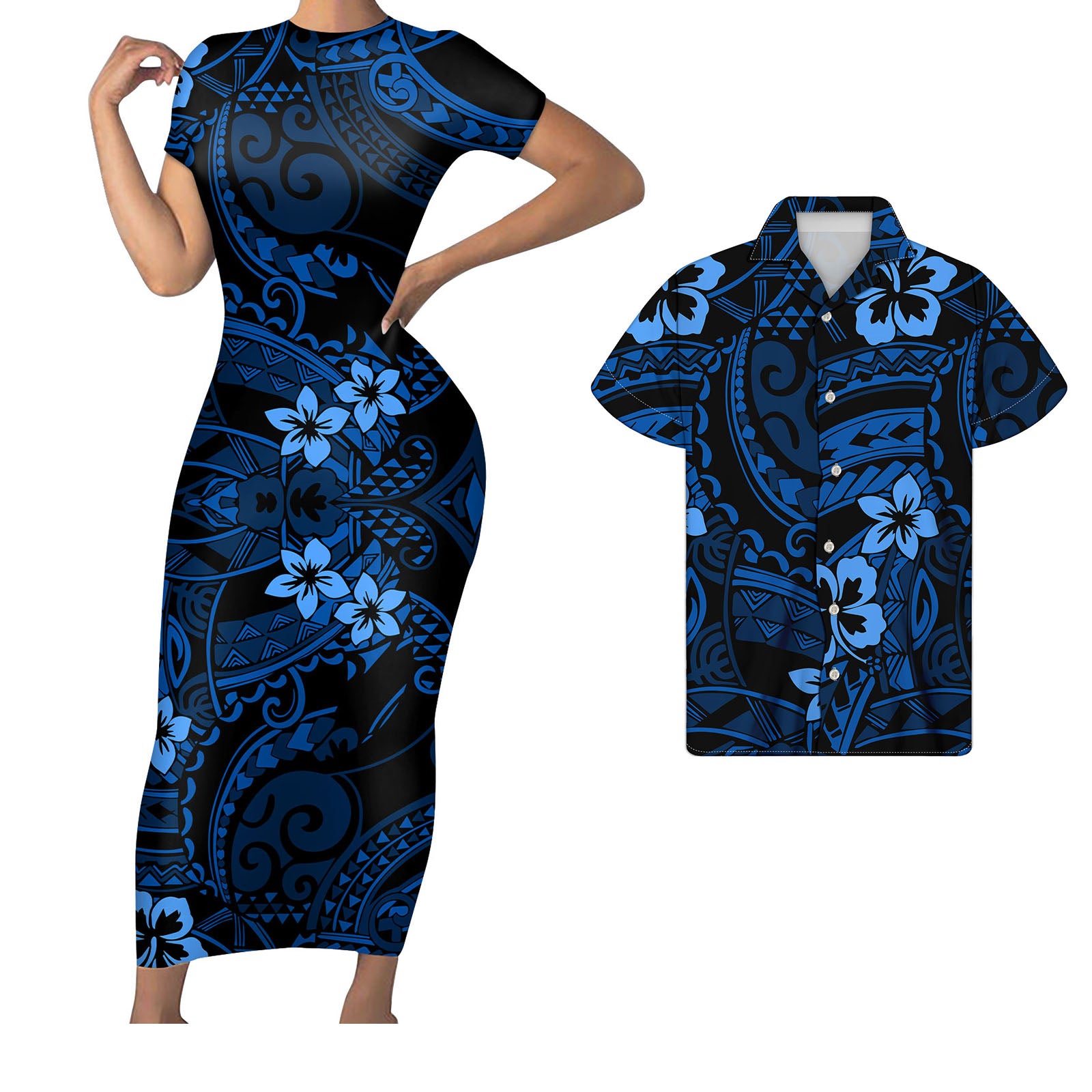 Polynesian Pride Hawaii Matching Outfit For Couples Hawaii Hibiscus Floral Blue Bodycon Dress And Hawaii Shirt - Polynesian Pride