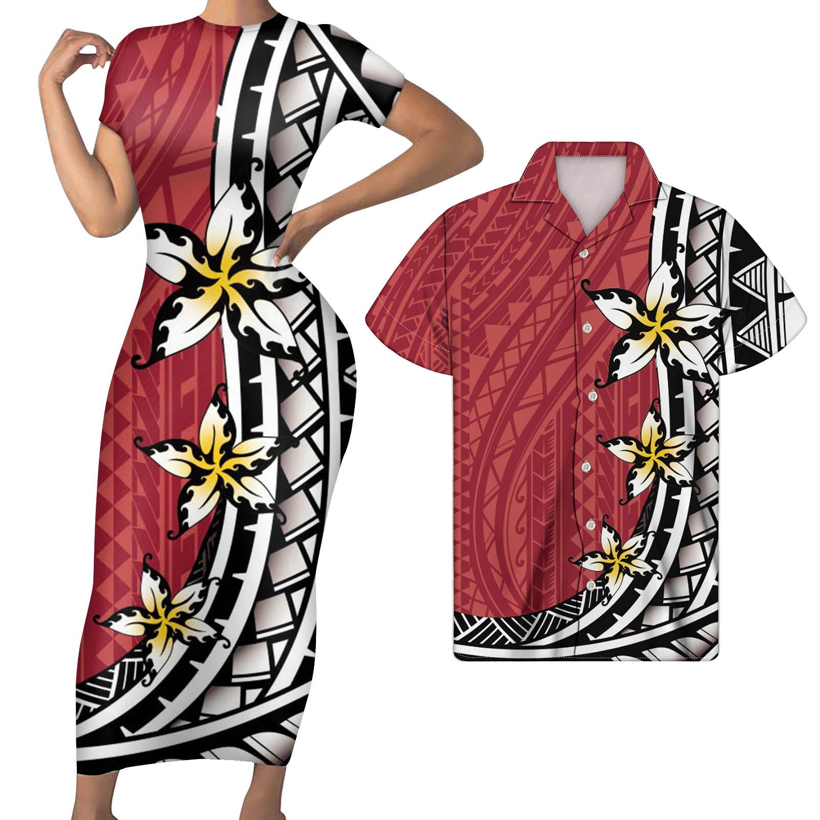 Polynesian Pride Hawaii Matching Clothes For Couples Flower Red Bodycon Dress And Hawaii Shirt - Polynesian Pride