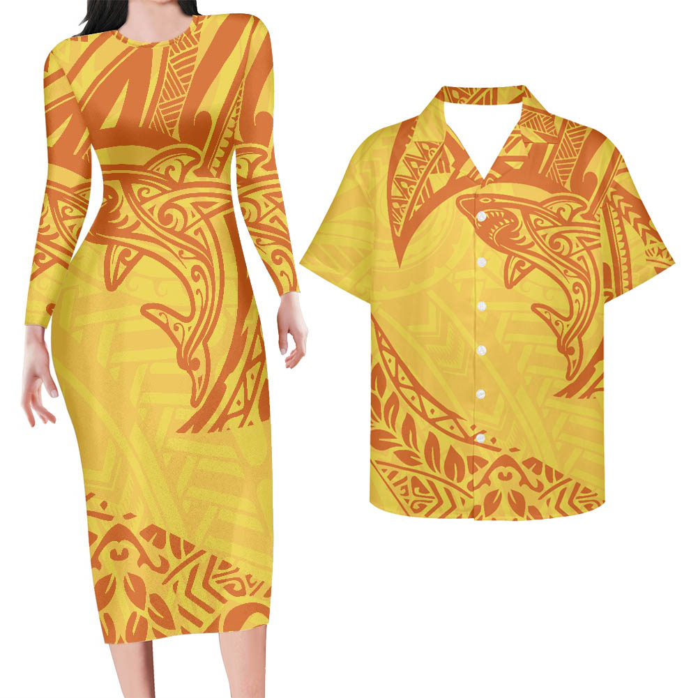 Polynesian Pride Hawaii Matching Outfit For Couples Hawaii Shark Tattoo Yellow Bodycon Dress And Hawaii Shirt - Polynesian Pride