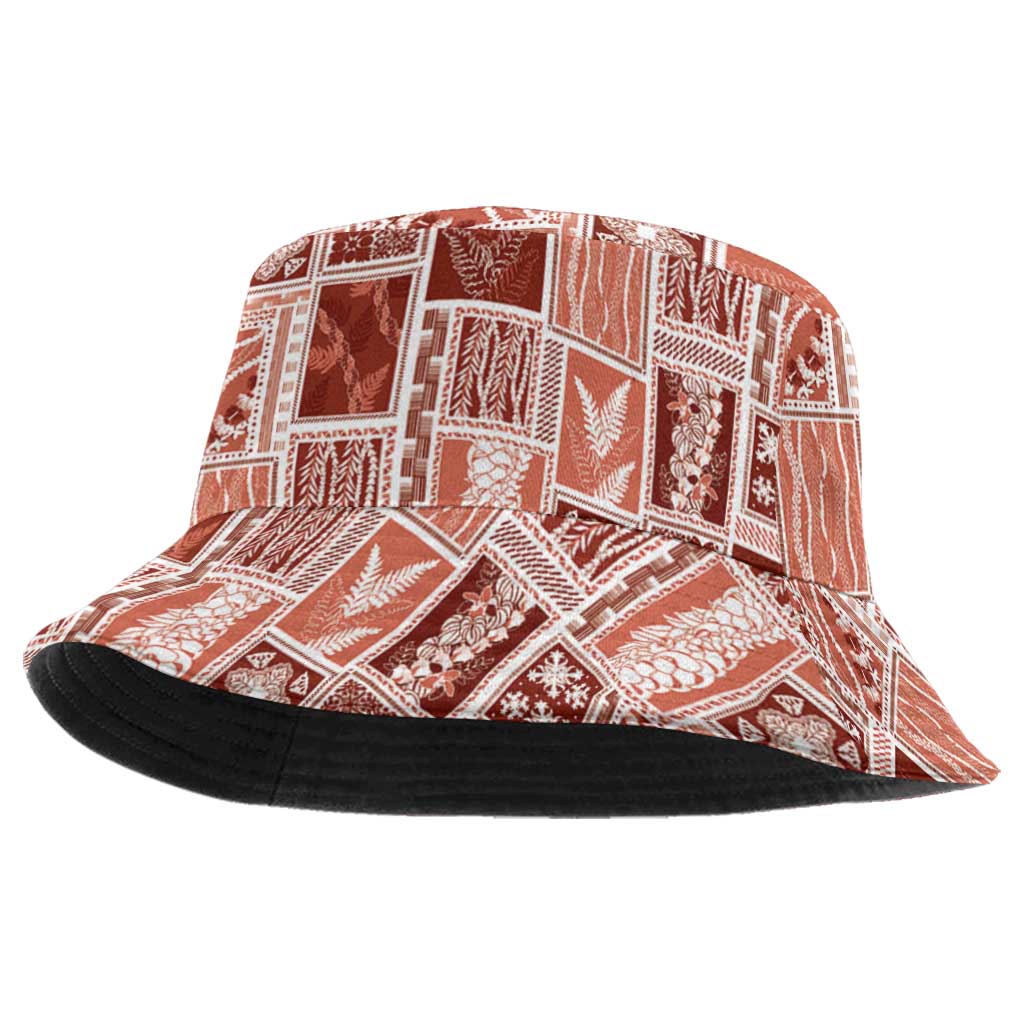 Vintage Aloha Block Quilt Bucket Hat Red Inspired Lei Motifs - Polynesian Pride