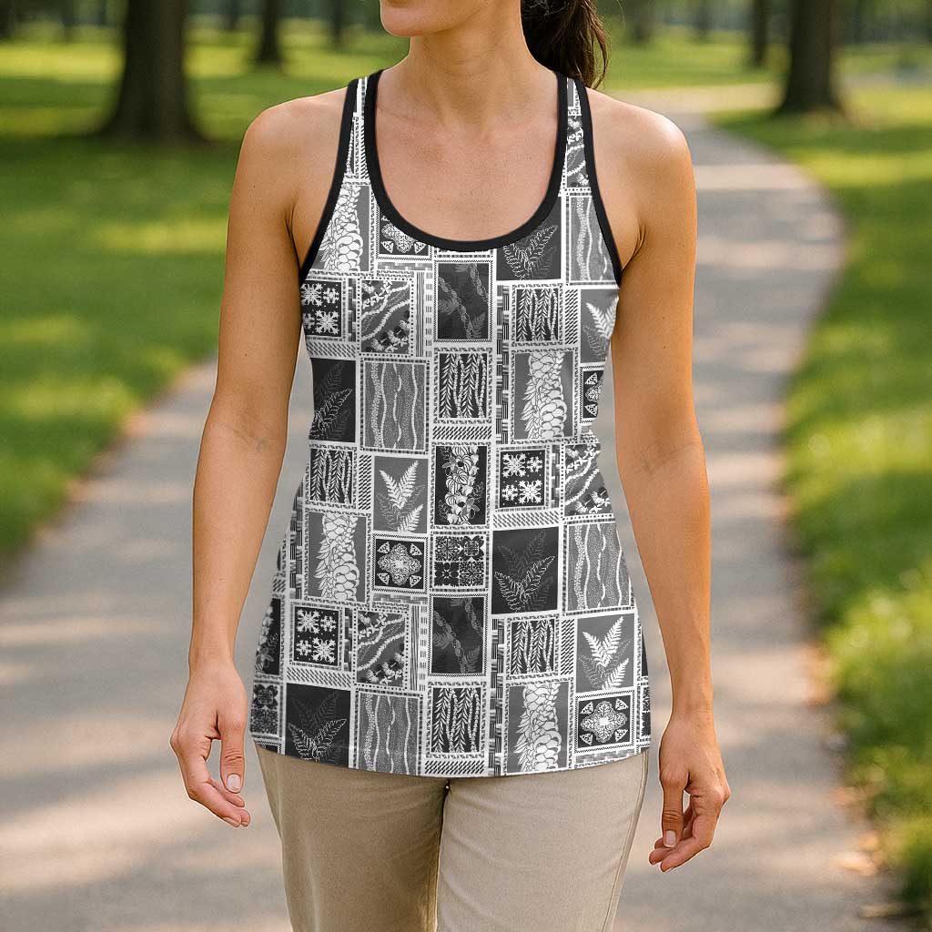 Vintage Aloha Block Quilt Hollow Tank Top Black Inspired Lei Motifs - Polynesian Pride