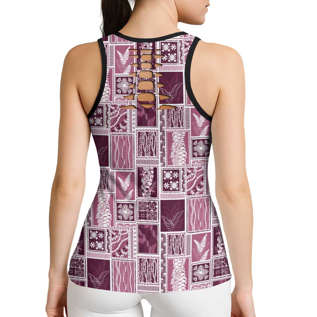 Vintage Aloha Block Quilt Hollow Tank Top Pink Inspired Lei Motifs - Polynesian Pride