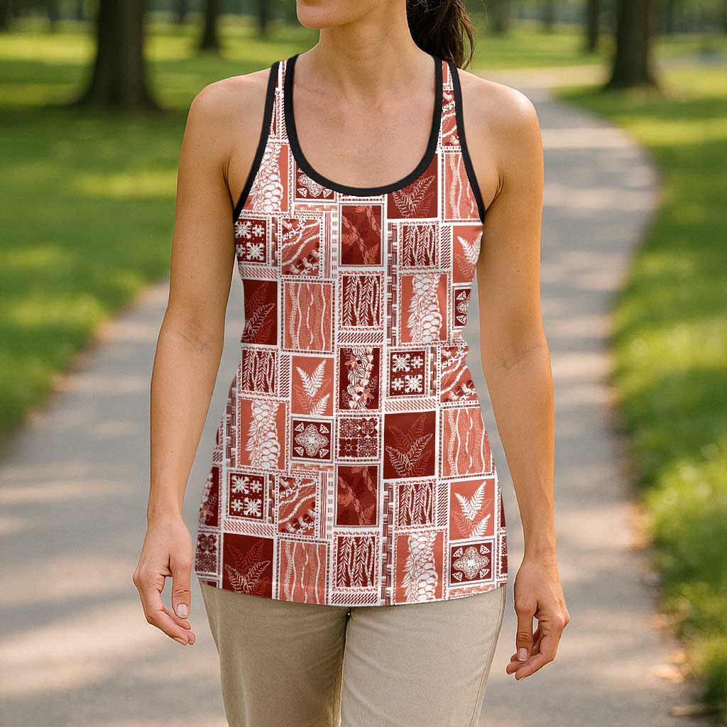 Vintage Aloha Block Quilt Hollow Tank Top Red Inspired Lei Motifs - Polynesian Pride