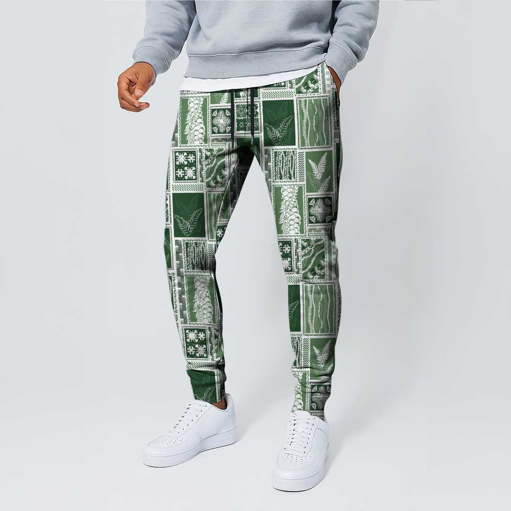 Vintage Aloha Block Quilt Jogger Pants Green Inspired Lei Motifs - Polynesian Pride