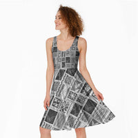 Vintage Aloha Block Quilt Midi Dress Black Inspired Lei Motifs - Polynesian Pride