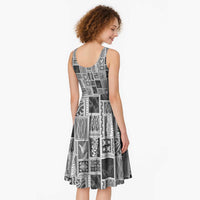 Vintage Aloha Block Quilt Midi Dress Black Inspired Lei Motifs - Polynesian Pride