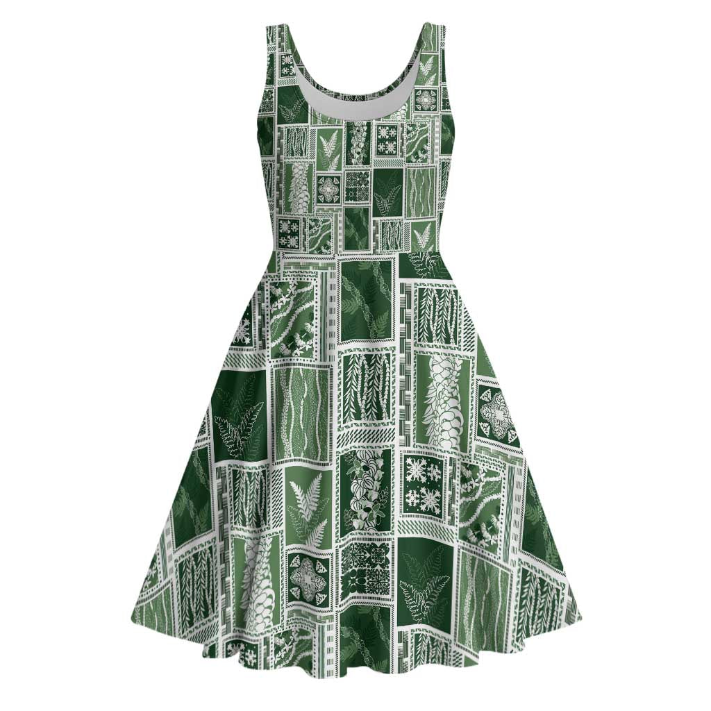Vintage Aloha Block Quilt Midi Dress Green Inspired Lei Motifs - Polynesian Pride