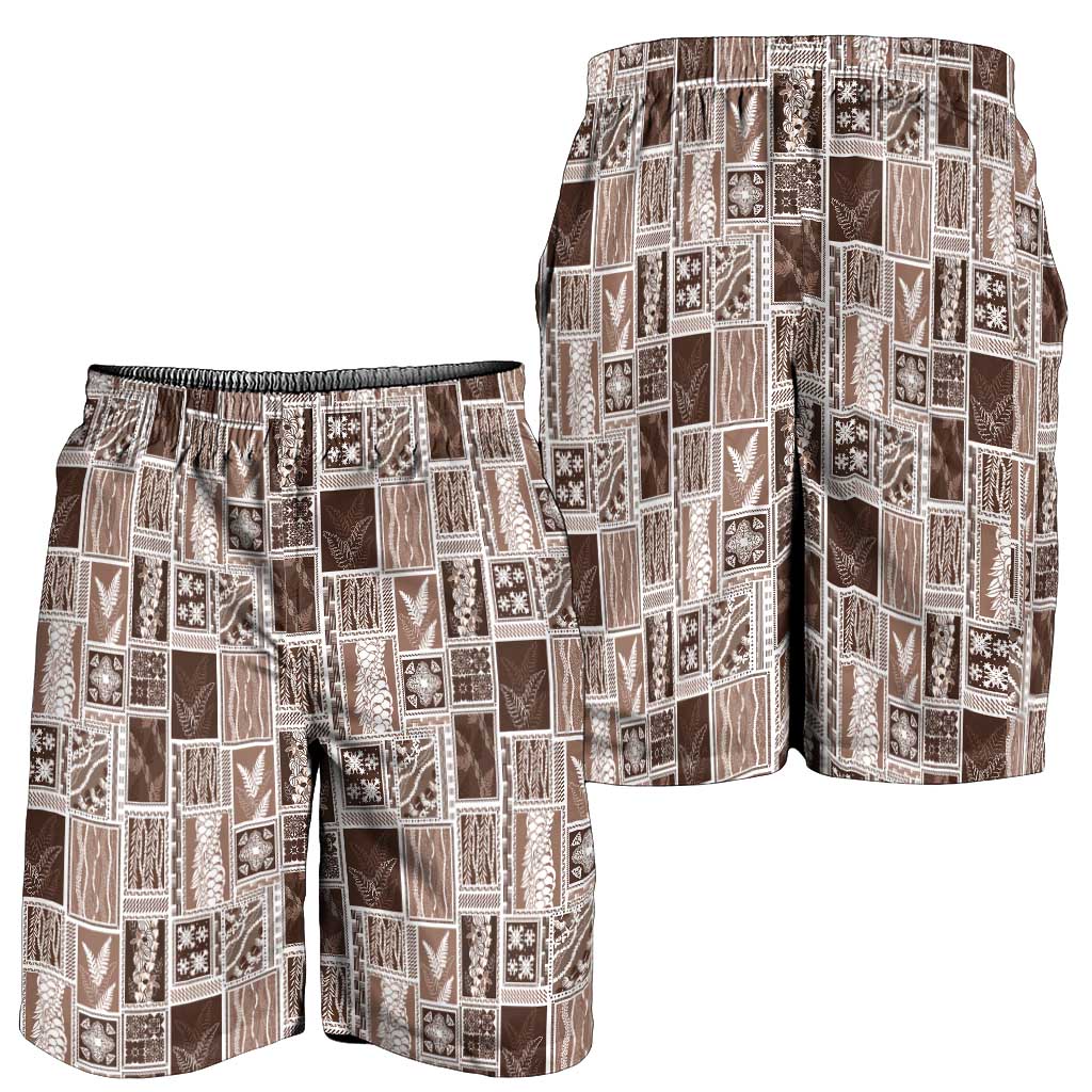 Vintage Aloha Block Quilt Shorts for Men Beige Inspired Lei Motifs - Polynesian Pride