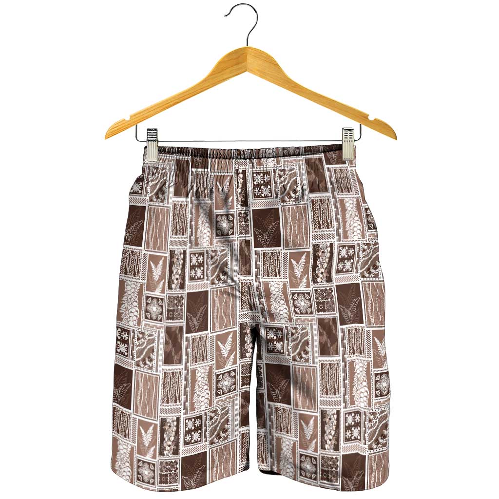 Vintage Aloha Block Quilt Shorts for Men Beige Inspired Lei Motifs - Polynesian Pride