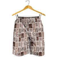 Vintage Aloha Block Quilt Shorts for Men Beige Inspired Lei Motifs - Polynesian Pride