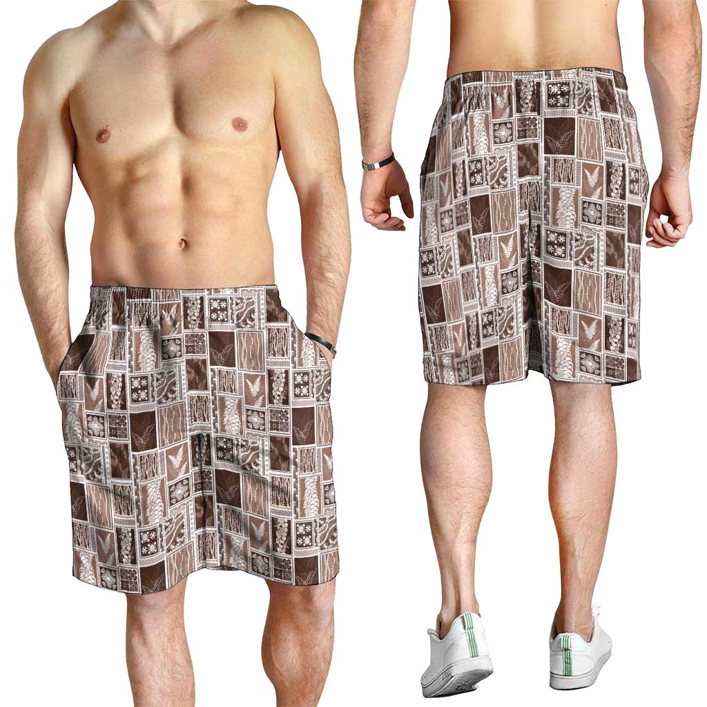 Vintage Aloha Block Quilt Shorts for Men Beige Inspired Lei Motifs - Polynesian Pride