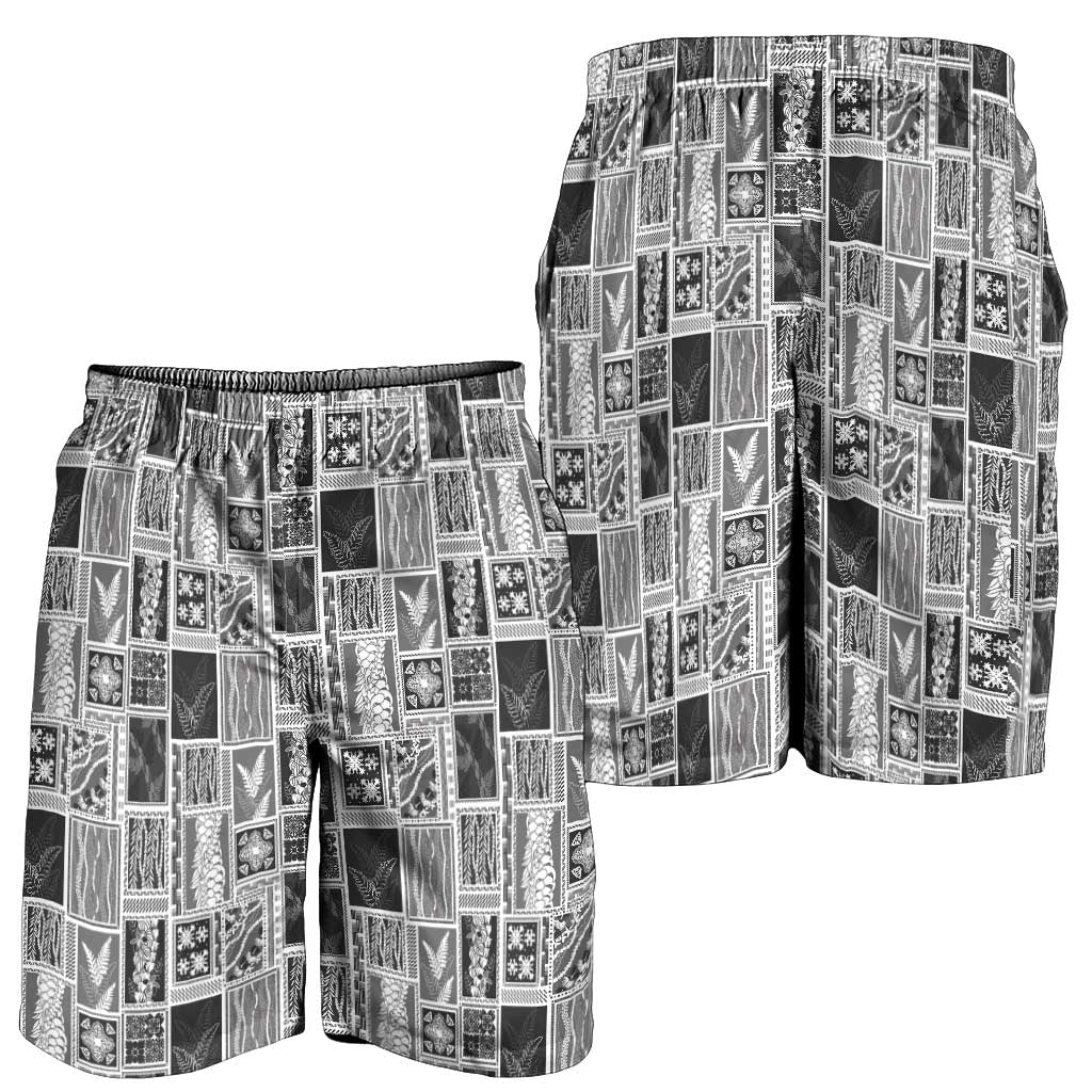 Vintage Aloha Block Quilt Shorts for Men Black Inspired Lei Motifs - Polynesian Pride