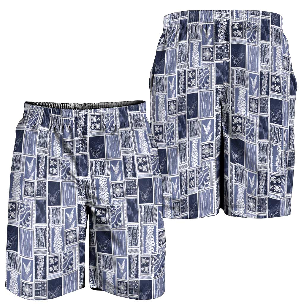 Vintage Aloha Block Quilt Shorts for Men Blue Inspired Lei Motifs - Polynesian Pride