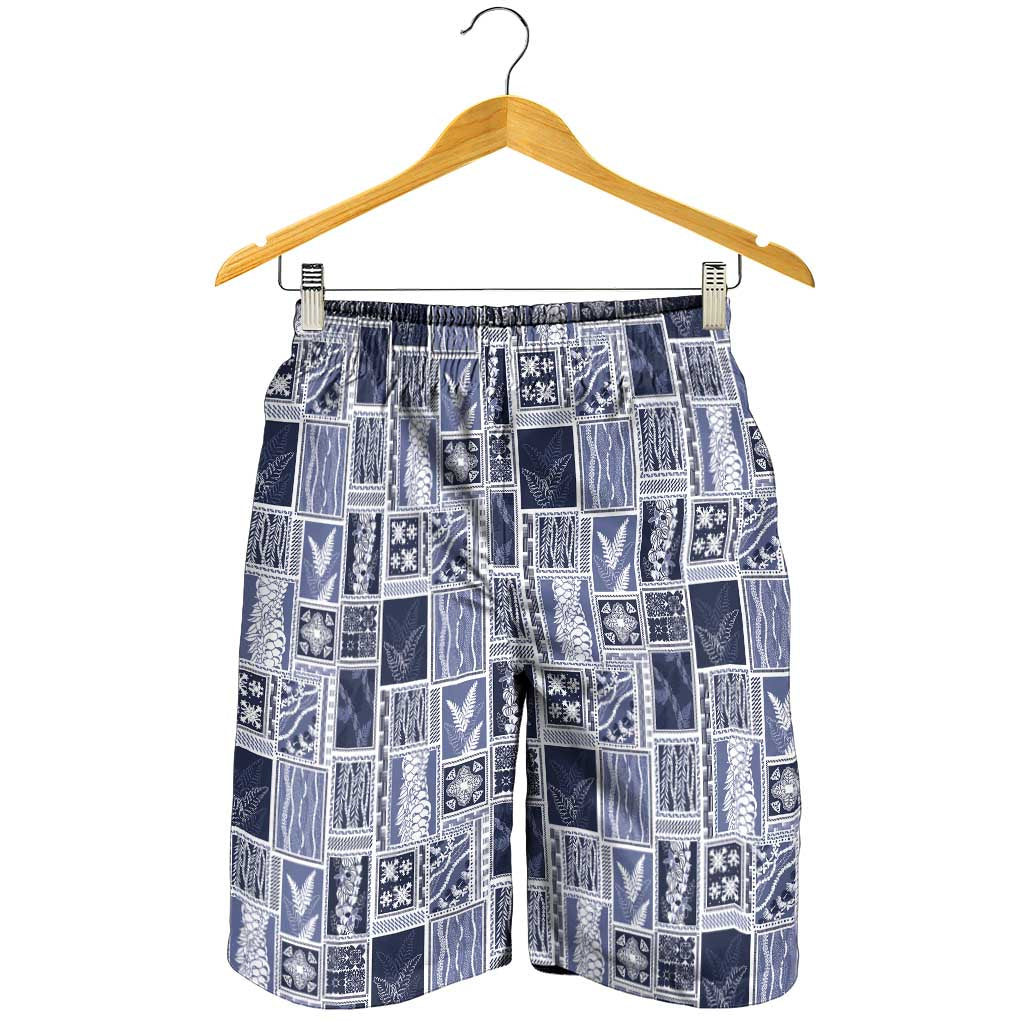 Vintage Aloha Block Quilt Shorts for Men Blue Inspired Lei Motifs - Polynesian Pride