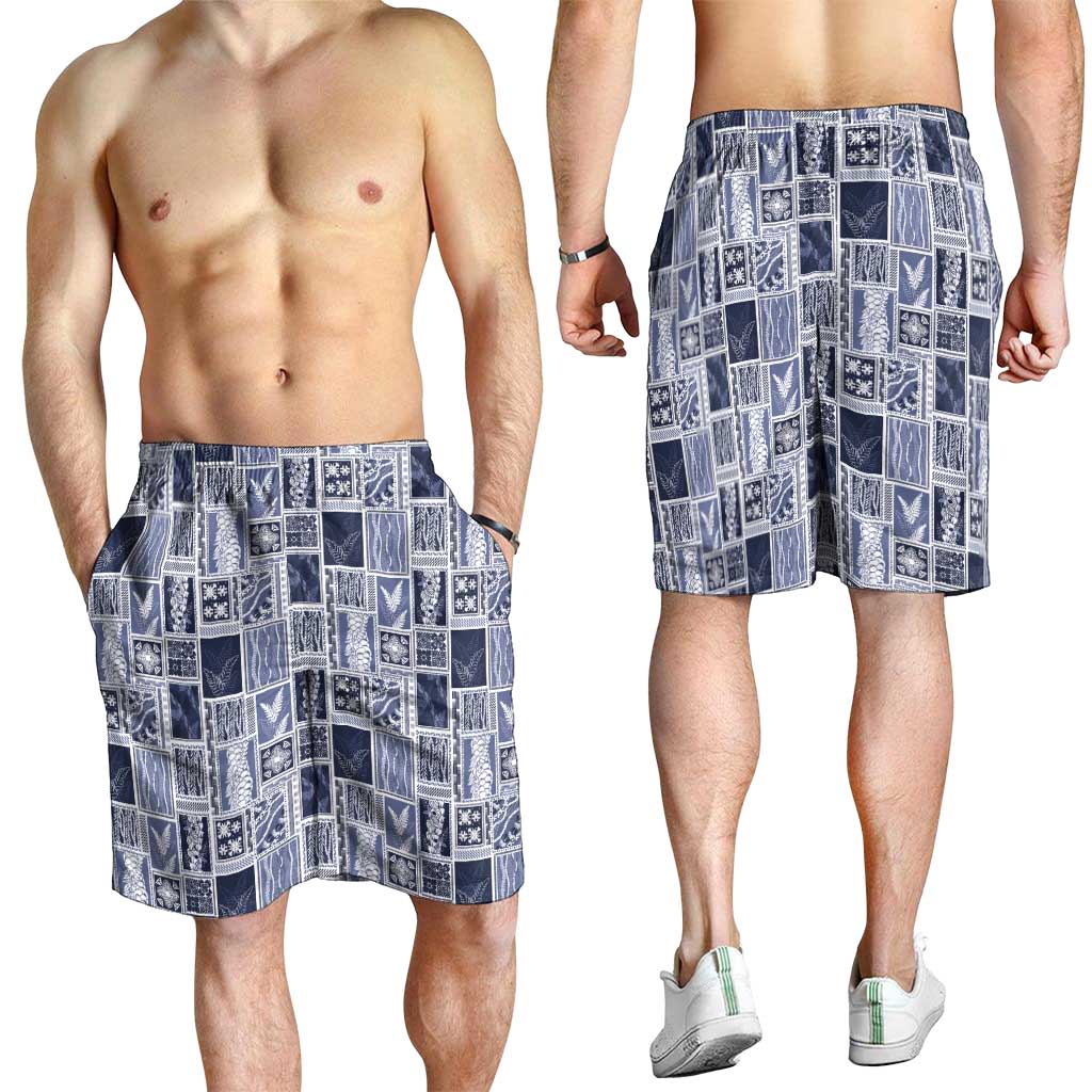 Vintage Aloha Block Quilt Shorts for Men Blue Inspired Lei Motifs - Polynesian Pride