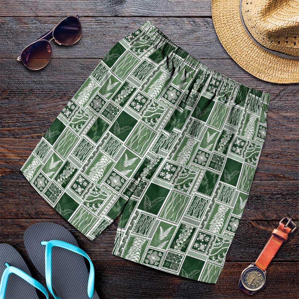 Vintage Aloha Block Quilt Shorts for Men Green Inspired Lei Motifs - Polynesian Pride