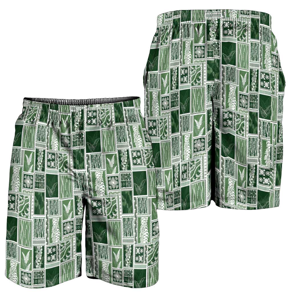 Vintage Aloha Block Quilt Shorts for Men Green Inspired Lei Motifs - Polynesian Pride