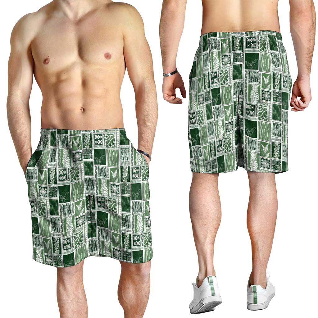 Vintage Aloha Block Quilt Shorts for Men Green Inspired Lei Motifs - Polynesian Pride
