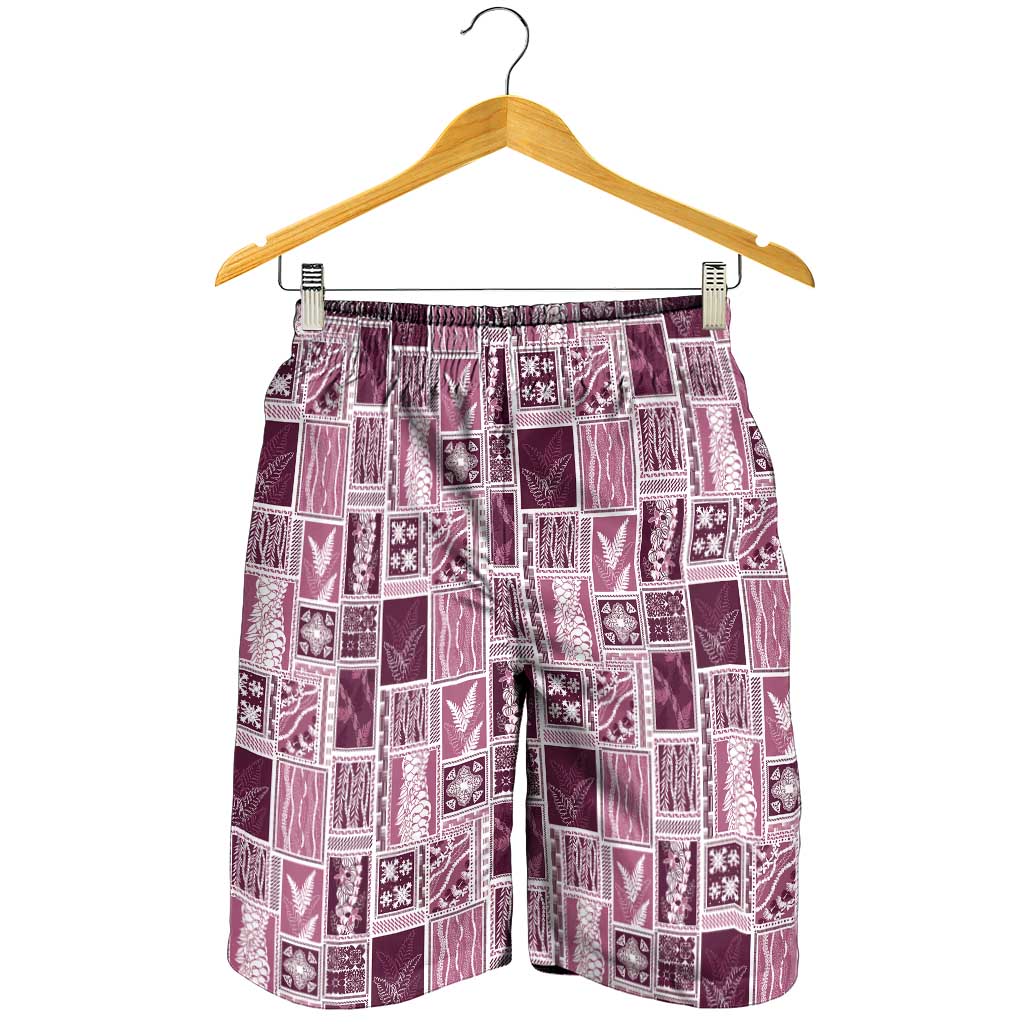 Vintage Aloha Block Quilt Shorts for Men Pink Inspired Lei Motifs - Polynesian Pride