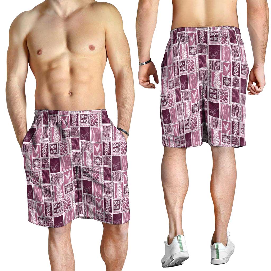 Vintage Aloha Block Quilt Shorts for Men Pink Inspired Lei Motifs - Polynesian Pride