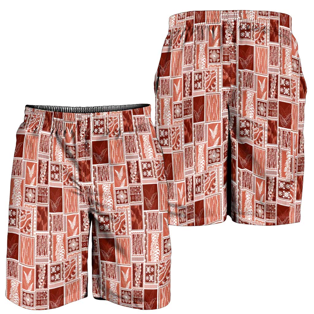 Vintage Aloha Block Quilt Shorts for Men Red Inspired Lei Motifs - Polynesian Pride