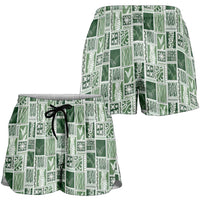 Vintage Aloha Block Quilt Shorts for Women Green Inspired Lei Motifs - Polynesian Pride