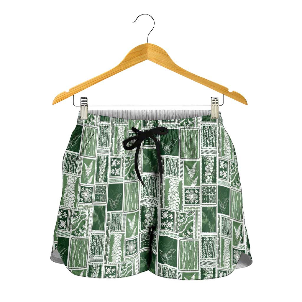 Vintage Aloha Block Quilt Shorts for Women Green Inspired Lei Motifs - Polynesian Pride