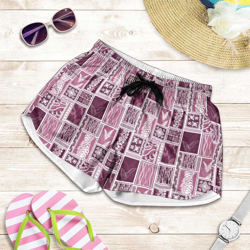 Vintage Aloha Block Quilt Shorts for Women Pink Inspired Lei Motifs - Polynesian Pride