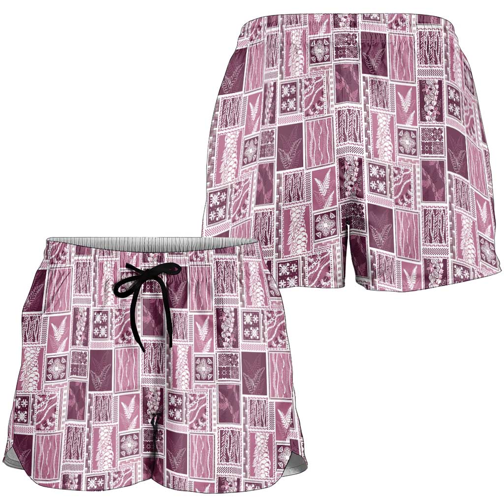 Vintage Aloha Block Quilt Shorts for Women Pink Inspired Lei Motifs - Polynesian Pride