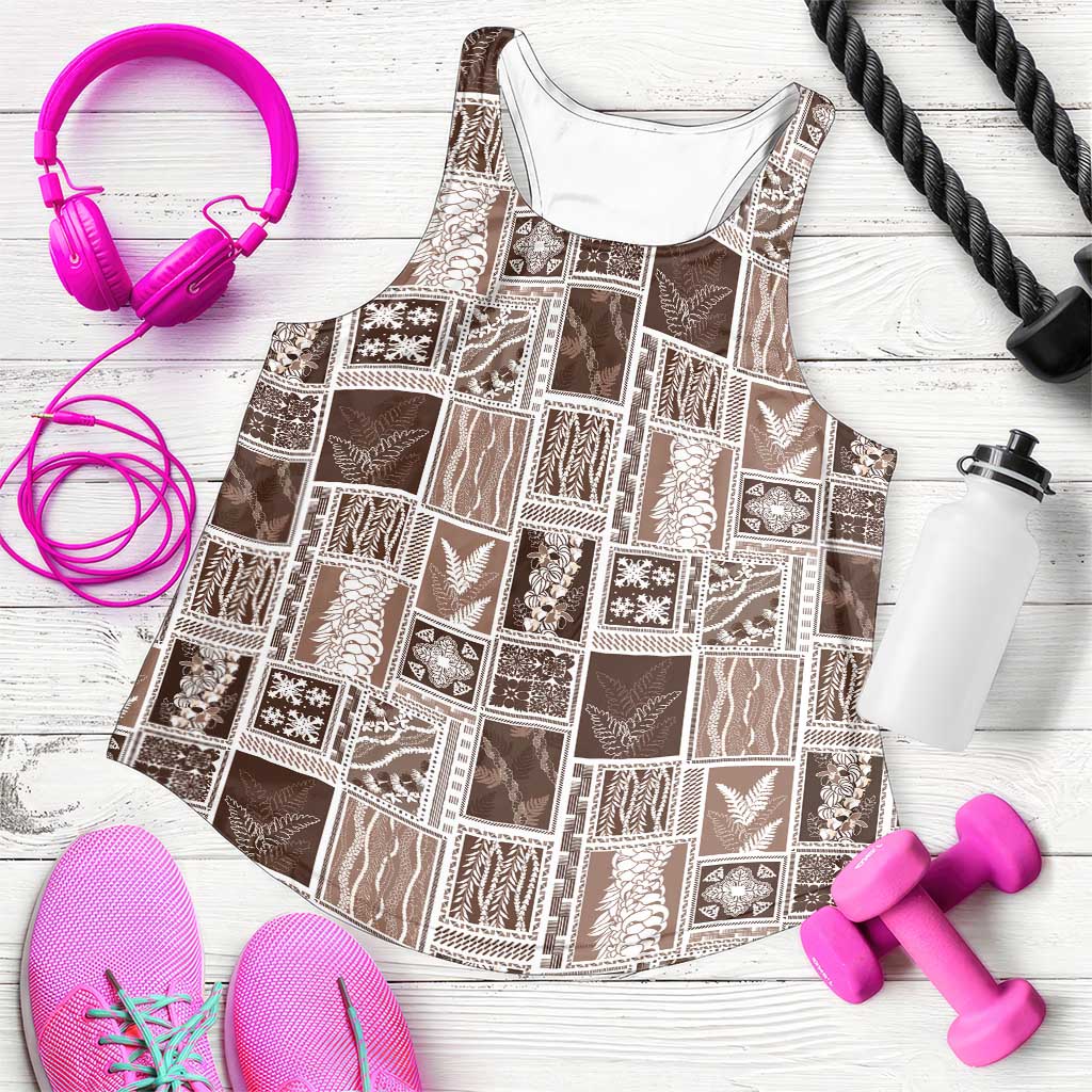 Vintage Aloha Block Quilt Women Racerback Tank Beige Inspired Lei Motifs - Polynesian Pride