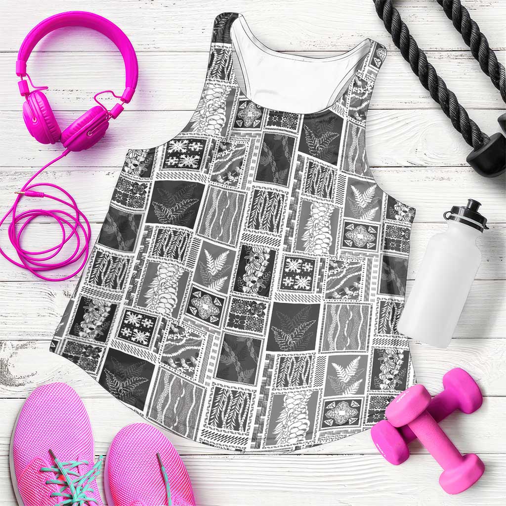 Vintage Aloha Block Quilt Women Racerback Tank Black Inspired Lei Motifs - Polynesian Pride