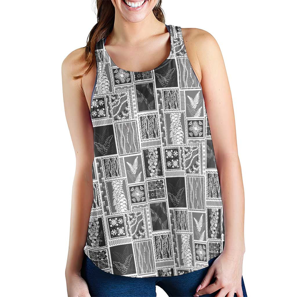 Vintage Aloha Block Quilt Women Racerback Tank Black Inspired Lei Motifs - Polynesian Pride