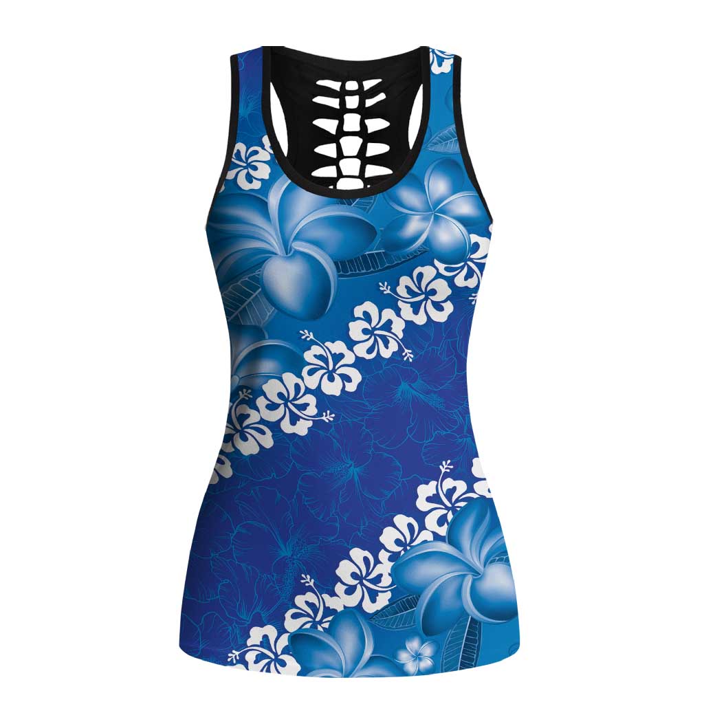 Vintage Blue Polynesia Hollow Tank Top Plumeria With Hibiscus Tropical Vibes LT14 Female Blue - Polynesian Pride