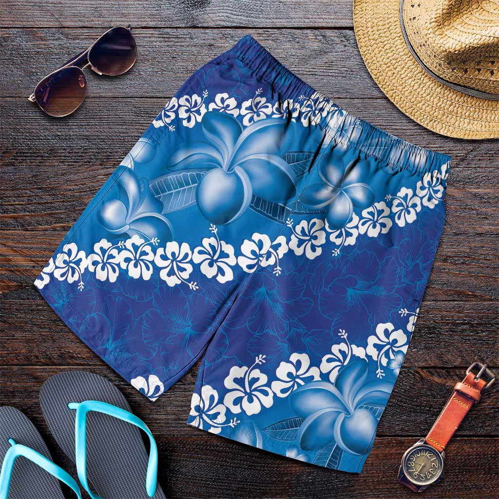 Vintage Blue Polynesia Shorts for Men Plumeria With Hibiscus Tropical Vibes LT14 Blue - Polynesian Pride