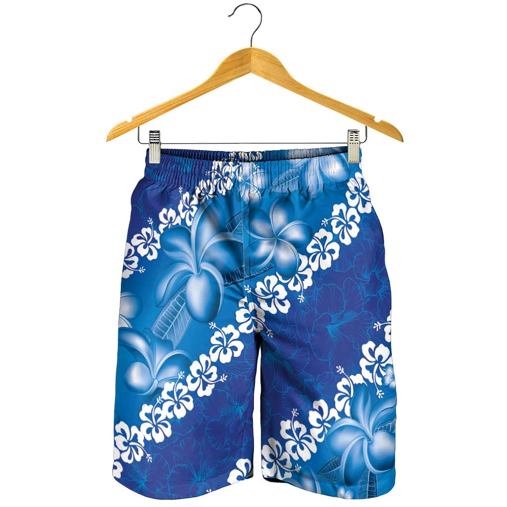Vintage Blue Polynesia Shorts for Men Plumeria With Hibiscus Tropical Vibes LT14 - Polynesian Pride