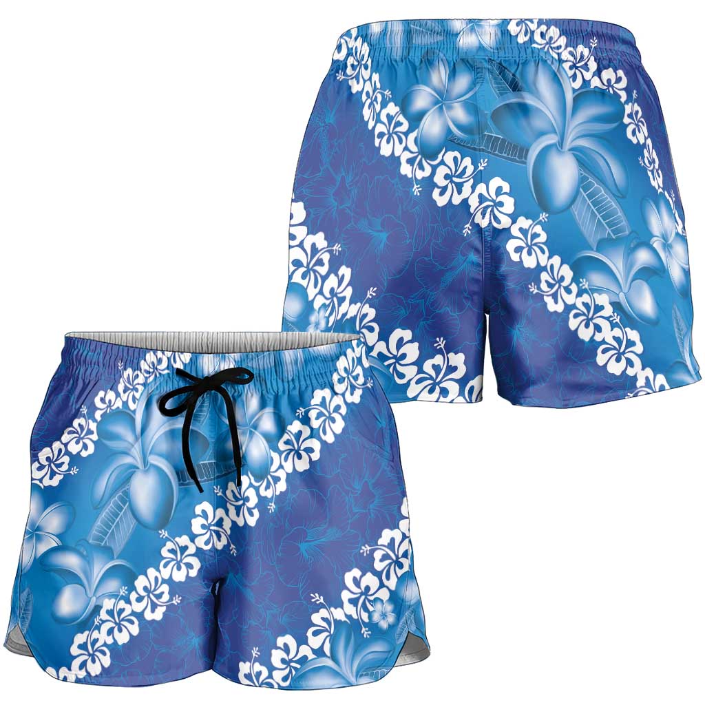 Vintage Blue Polynesia Shorts for Women Plumeria With Hibiscus Tropical Vibes LT14 - Polynesian Pride