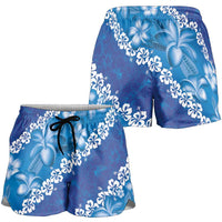 Vintage Blue Polynesia Shorts for Women Plumeria With Hibiscus Tropical Vibes LT14 - Polynesian Pride