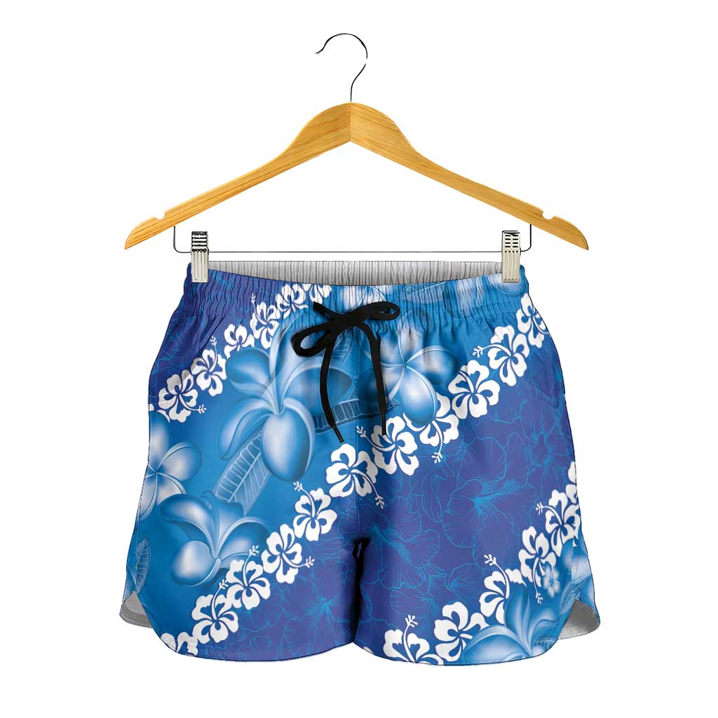 Vintage Blue Polynesia Shorts for Women Plumeria With Hibiscus Tropical Vibes LT14 - Polynesian Pride