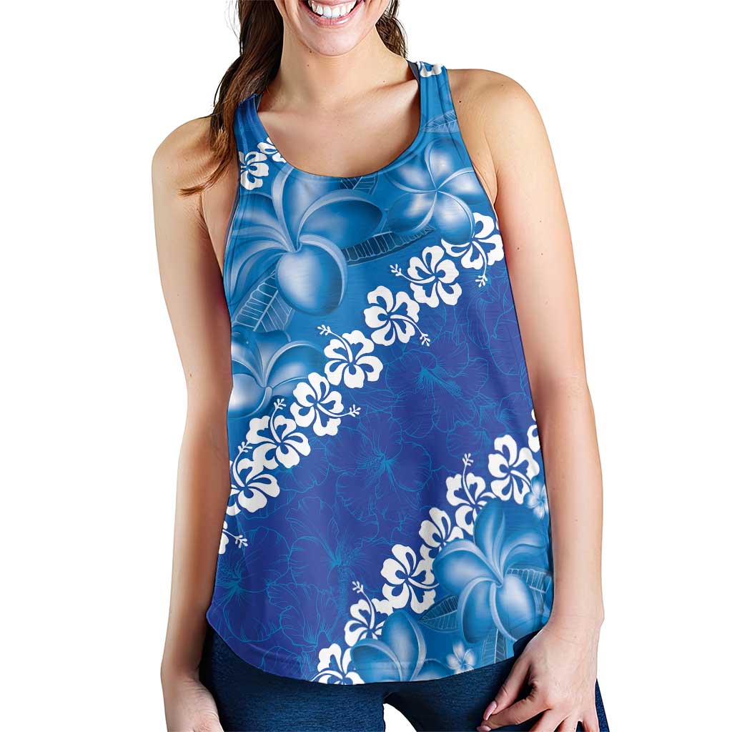 Vintage Blue Polynesia Women Racerback Tank Plumeria With Hibiscus Tropical Vibes - Polynesian Pride