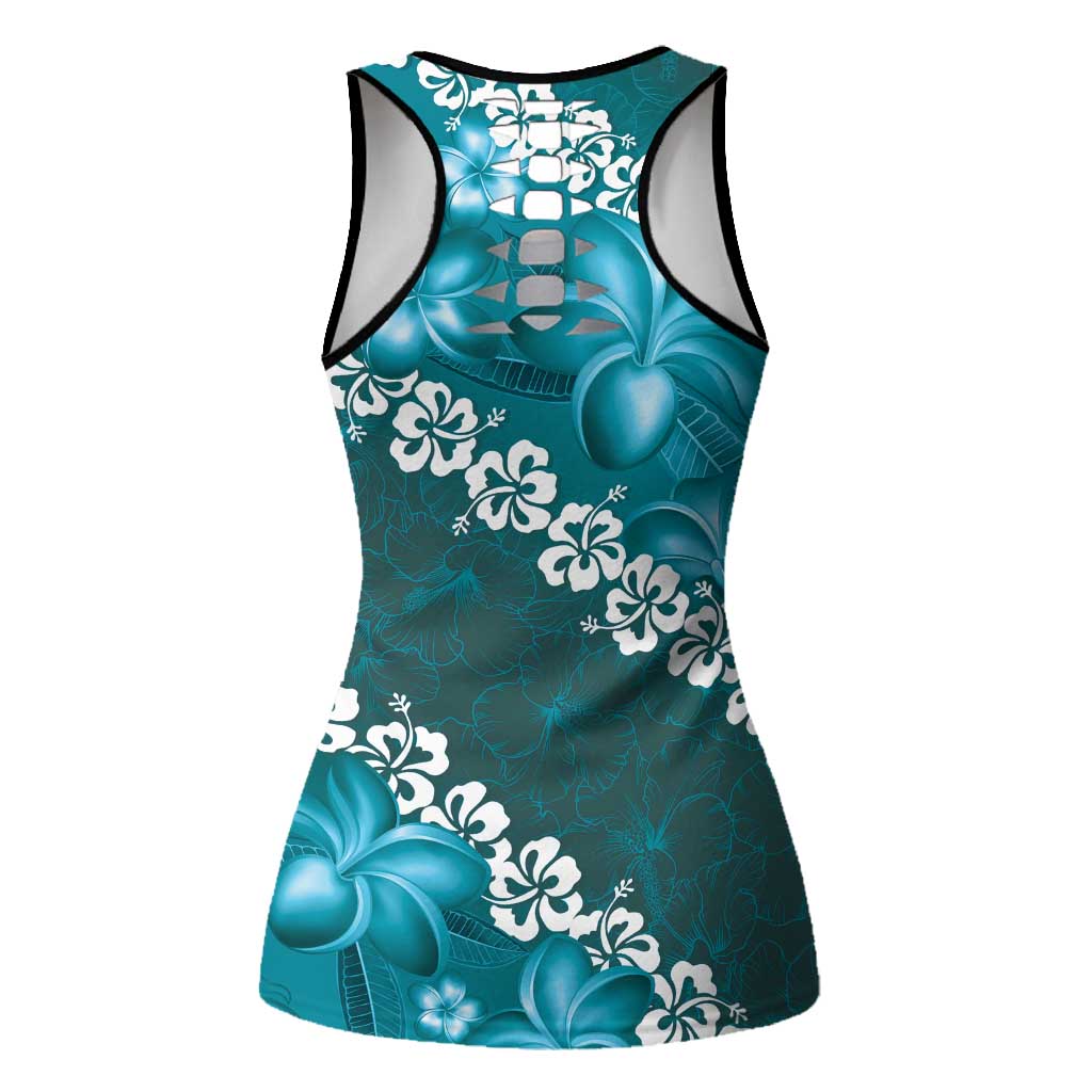 Vintage Dark Cyan Polynesia Hollow Tank Top Plumeria With Hibiscus Tropical Vibes LT14 - Polynesian Pride