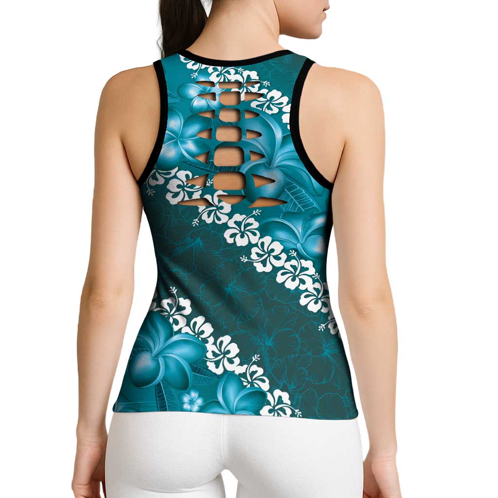 Vintage Dark Cyan Polynesia Hollow Tank Top Plumeria With Hibiscus Tropical Vibes LT14 - Polynesian Pride