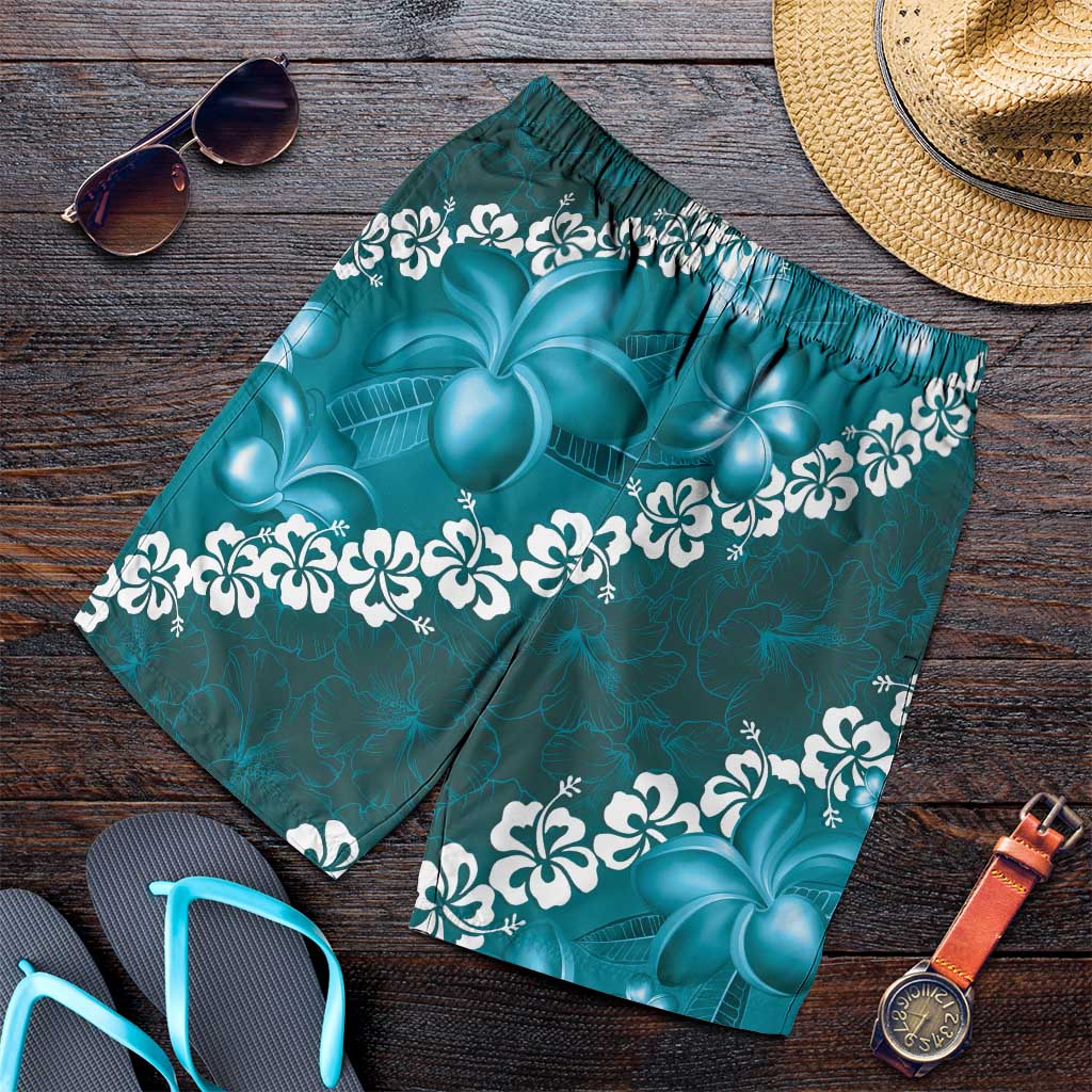 Vintage Dark Cyan Polynesia Shorts for Men Plumeria With Hibiscus Tropical Vibes LT14 Dark Cyan - Polynesian Pride