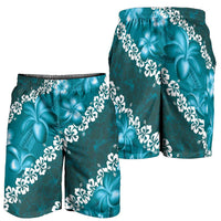 Vintage Dark Cyan Polynesia Shorts for Men Plumeria With Hibiscus Tropical Vibes LT14 - Polynesian Pride