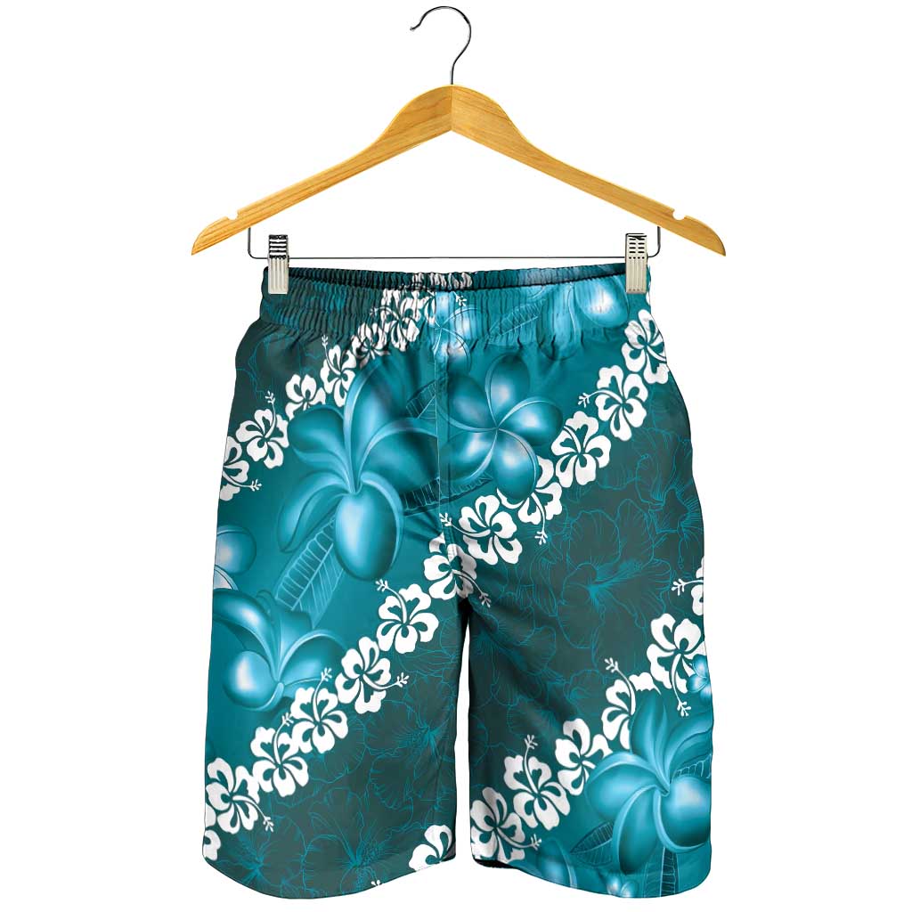 Vintage Dark Cyan Polynesia Shorts for Men Plumeria With Hibiscus Tropical Vibes LT14 - Polynesian Pride