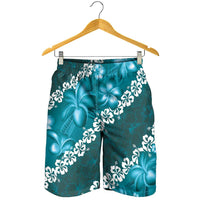 Vintage Dark Cyan Polynesia Shorts for Men Plumeria With Hibiscus Tropical Vibes LT14 - Polynesian Pride
